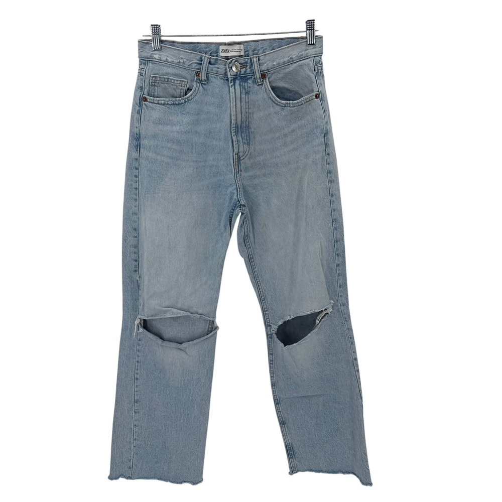 Zara Distressed Straight Leg Jeans Womens 6 Light Blue Good Knee Blowout Raw Hem
